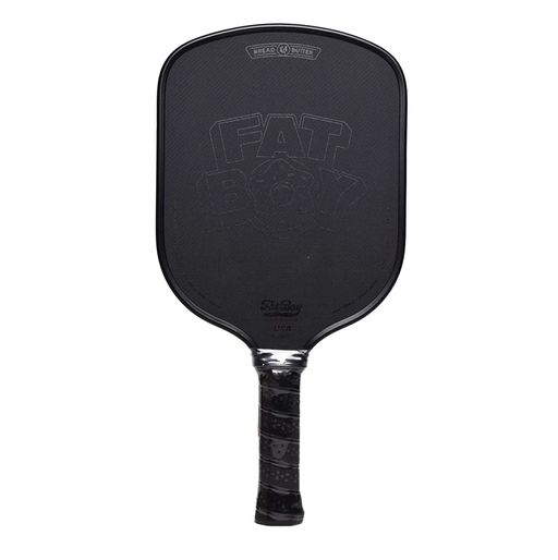 Black pickleball paddle with branding on a white background