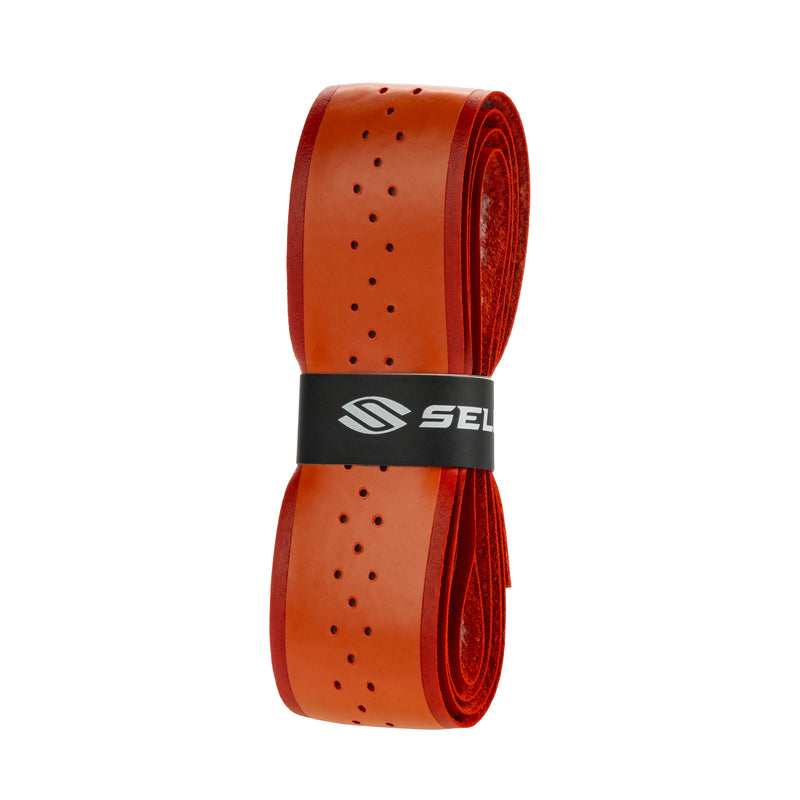 Orange tennis grip with Selkirk logo on a white background