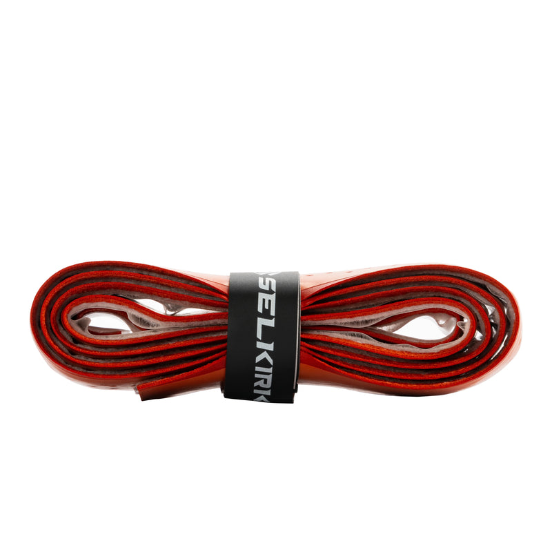 Red shoelace with a black Selkirk label on a white background