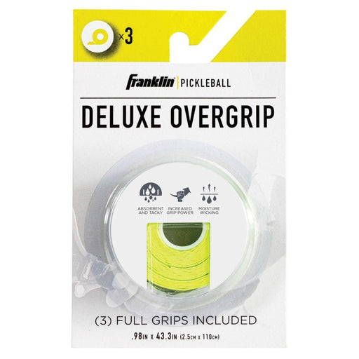 Packaging of Franklin Deluxe Overgrip with yellow overgrips inside on a white background