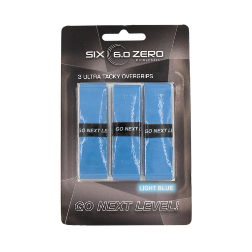 Pack of blue pickleball overgrips with 'Six 6.0 Zero' branding on a white background