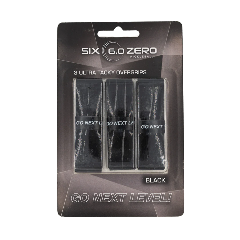 Packaging of SIX 6.0 ZERO pickleball overgrips with three black overgrips inside.