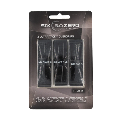 Packaging of SIX 6.0 ZERO pickleball overgrips with three black overgrips inside.