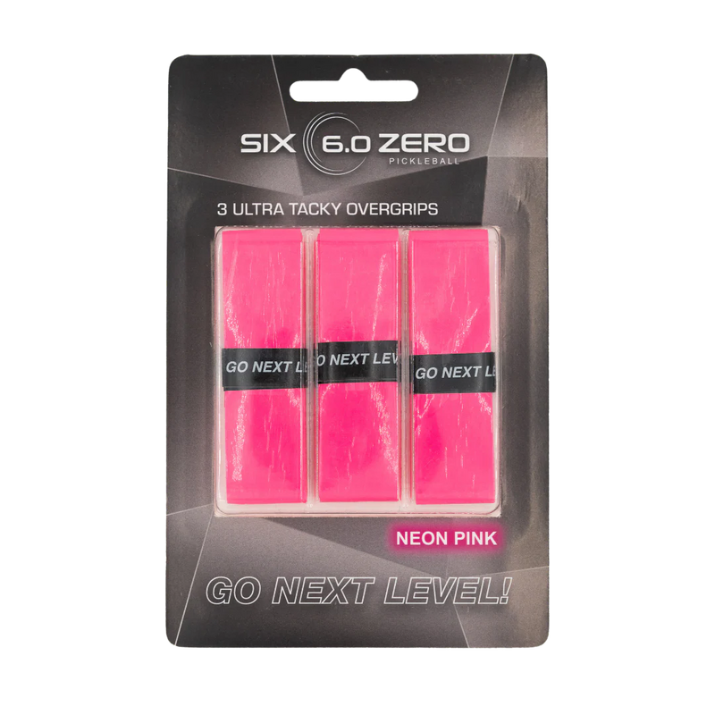 Pack of neon pink pickleball overgrips with 'Six 6.0 Zero' branding on a white background.