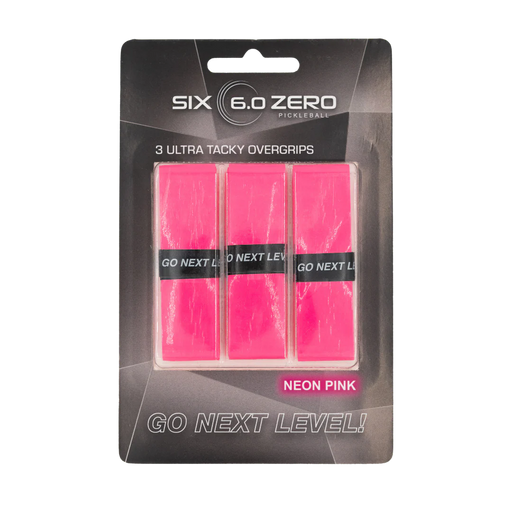 Pack of neon pink pickleball overgrips with 'Six 6.0 Zero' branding on a white background.
