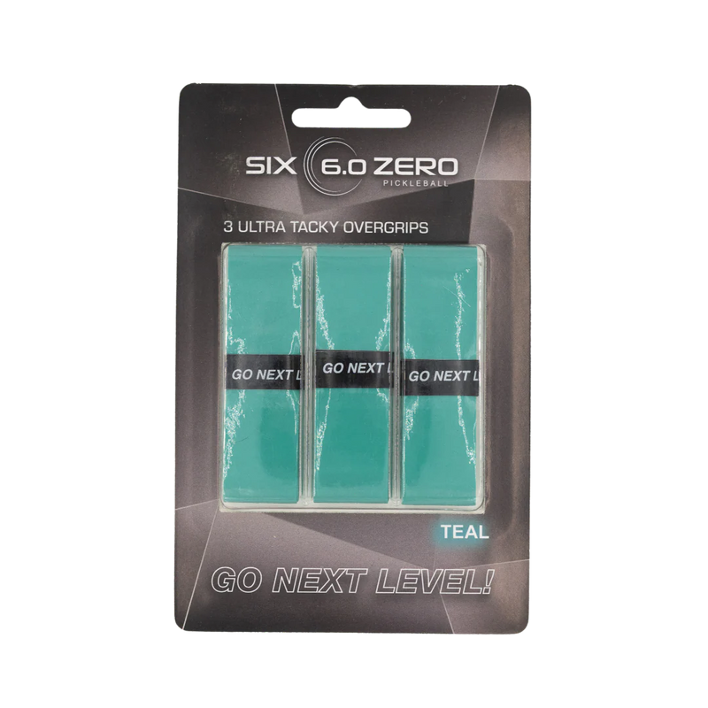 Pack of teal pickleball overgrips with 'Six 6.0 Zero' branding on a white background