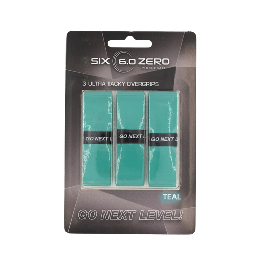 Pack of teal pickleball overgrips with 'Six 6.0 Zero' branding on a white background