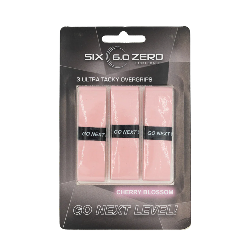Pack of pink pickleball overgrips with 'Six 6.0 Zero' branding on a white background