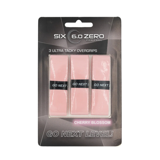 Pack of pink pickleball overgrips with 'Six 6.0 Zero' branding on a white background