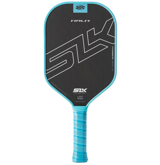 Pickleball paddle with black face and blue handle on a white background