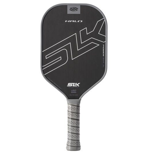 Black pickleball paddle with gray handle on a white background