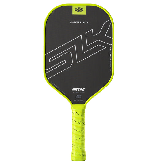 Pickleball paddle with black face and yellow handle on a white background