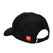 Black cap with a red logo on a white background
