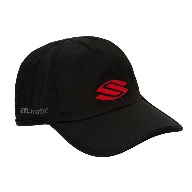 Black cap with red logo and brand name on a white background