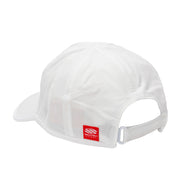 White cap with a red logo on a white background