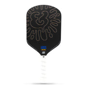 Black pickleball paddle with a unique design on a white background