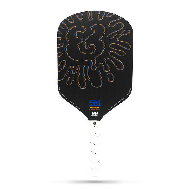 Black pickleball paddle with a unique design on a white background
