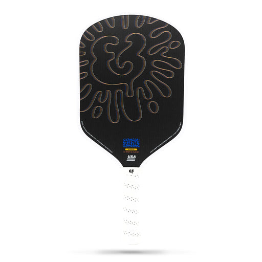 Black pickleball paddle with a unique design on a white background