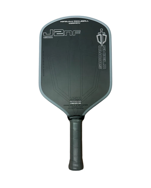 Gray pickleball paddle with branding on a white background
