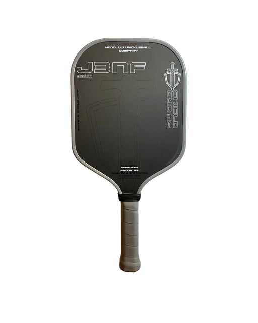 Gray pickleball paddle with branding on a white background
