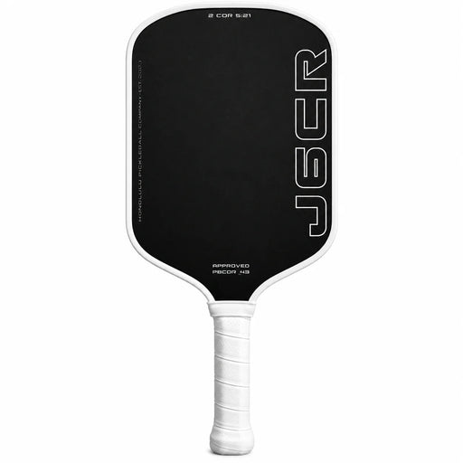 Black pickleball paddle with white handle on a white background