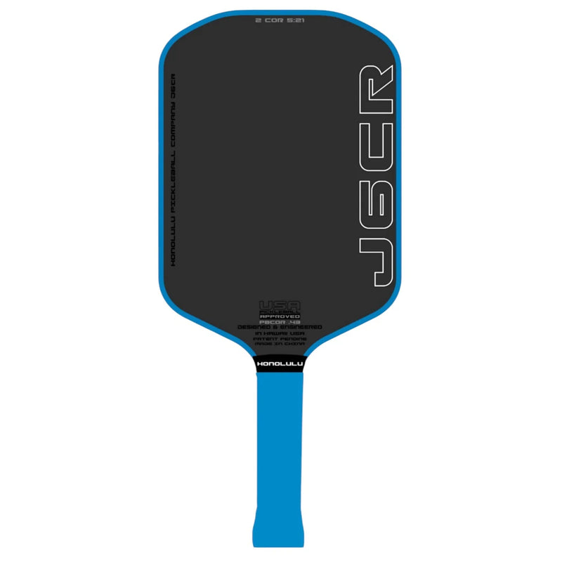 Pickleball paddle with black face and blue handle on a white background