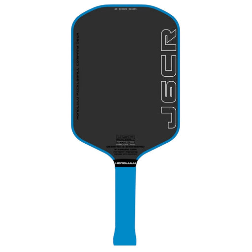 Pickleball paddle with black face and blue handle on a white background
