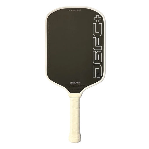 Pickleball paddle with black face and white handle on a white background