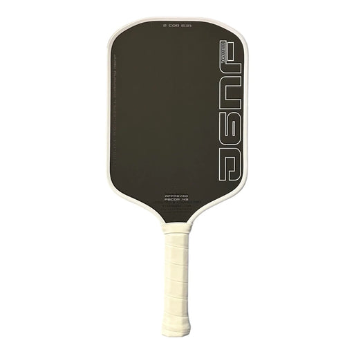 Pickleball paddle with black face and white handle on a white background