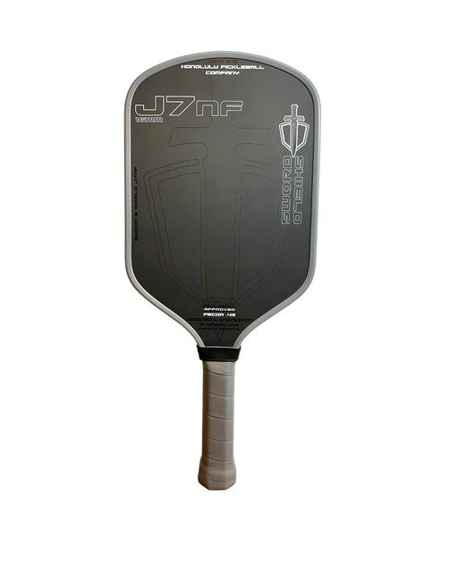 Pickleball paddle with branding on a white background