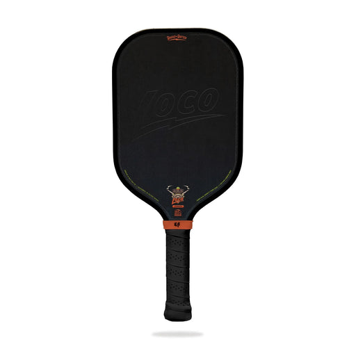 Black pickleball paddle with orange accents on a white background