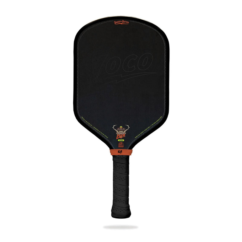 Black pickleball paddle with branding on a white background