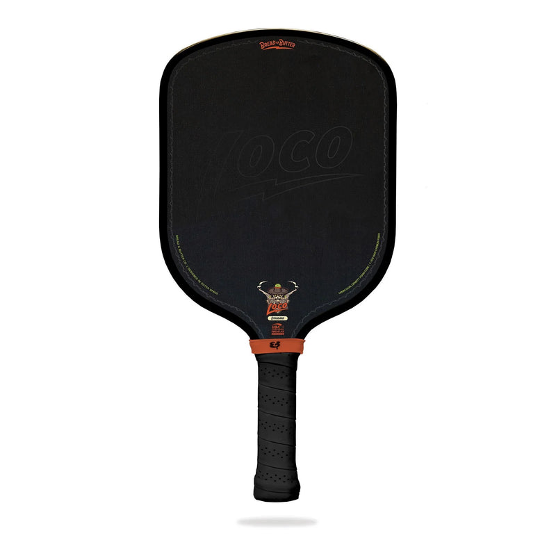 Black pickleball paddle with branding on a white background