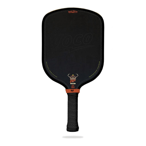 Black pickleball paddle with branding on a white background