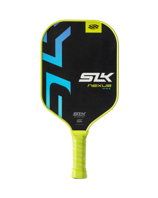 Pickleball paddle with black and yellow design on a white background