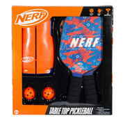 Nerf table top pickleball set packaging with paddle, balls, and orange box.