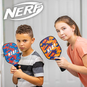 Two children holding colorful NERF toys against a plain background with the NERF logo.