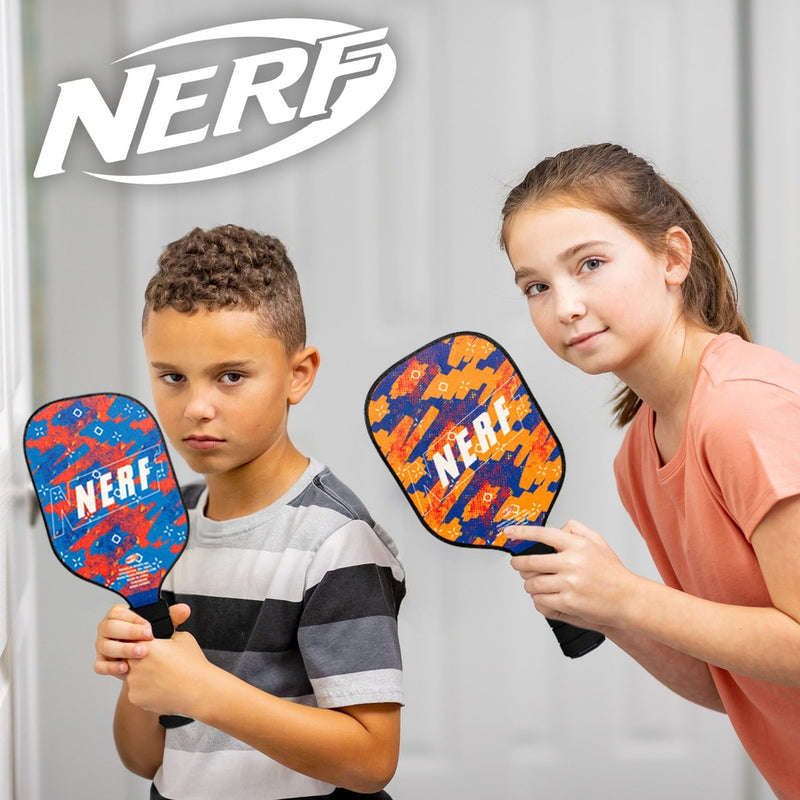 Two children holding colorful NERF toys against a plain background with the NERF logo.