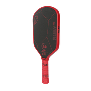 Red and black pickleball paddle with 'Ruby Pro' branding on a white background