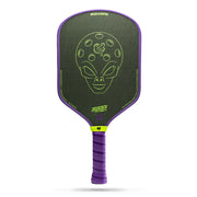 Purple pickleball paddle with green alien design on a white background