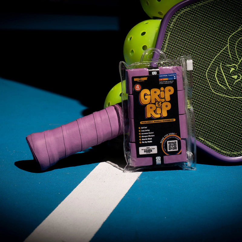 Grip and Rip packaging with a pickleball paddle on a blue surface