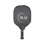 Black pickleball paddle with '6.0' branding on a white background
