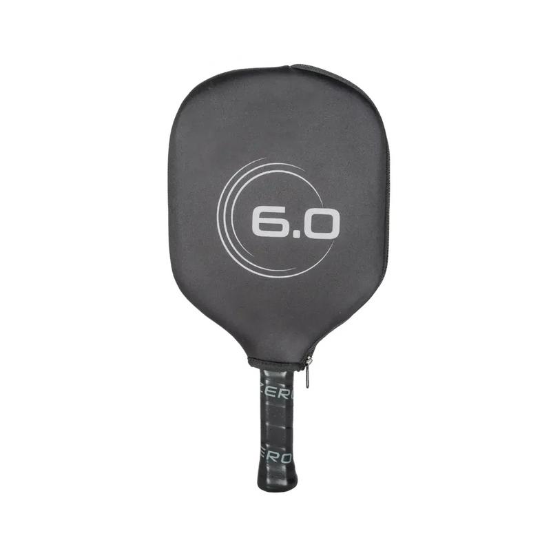 Black pickleball paddle with '6.0' branding on a white background