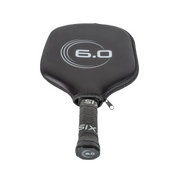 Black pickleball paddle with '6.0' branding on a white background
