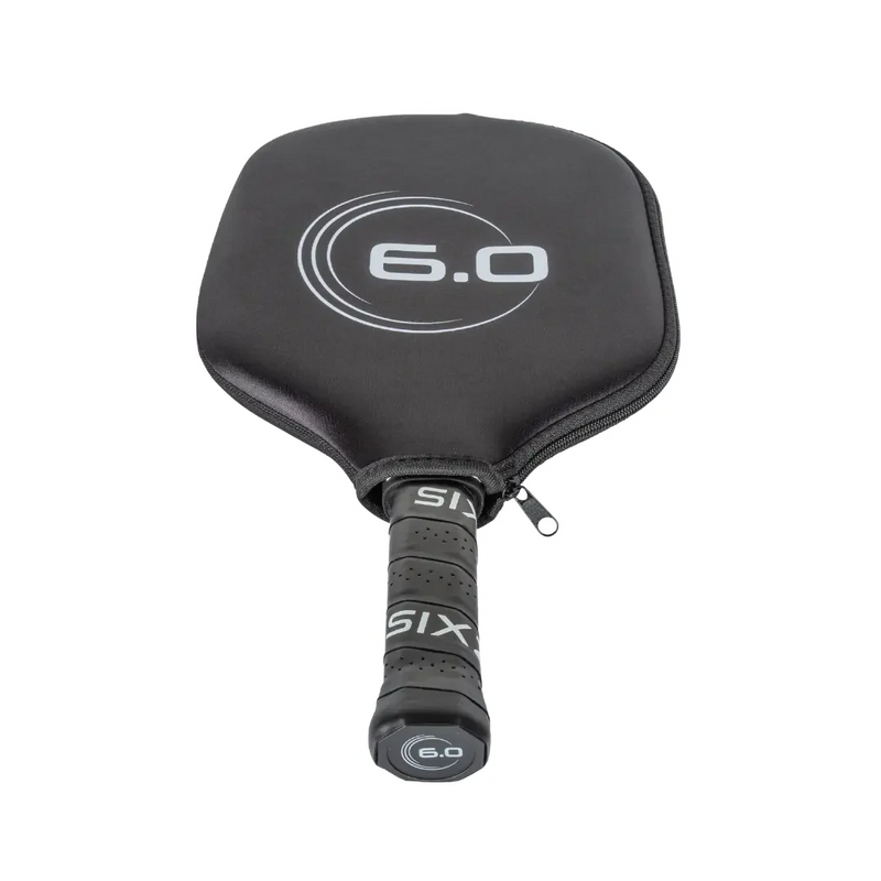 Black pickleball paddle with '6.0' branding on a white background