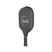 Black pickleball paddle with '6.0' branding on a white background