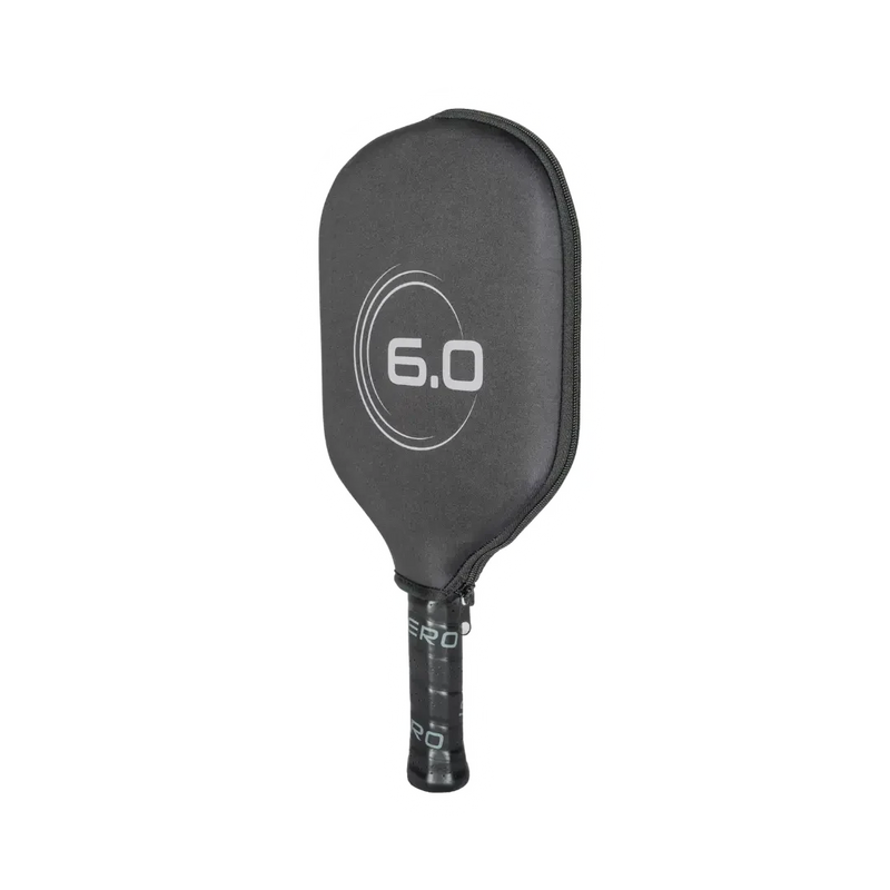 Black pickleball paddle with '6.0' branding on a white background