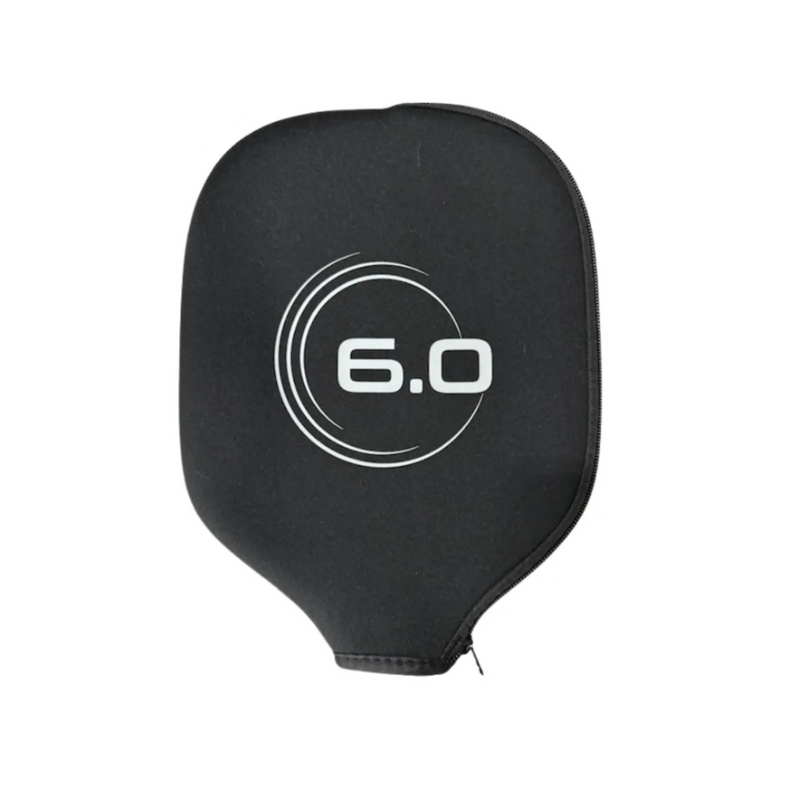 Black pickleball paddle cover with '6.0' logo on a white background