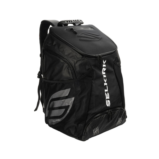 Black backpack with visible branding on a white background