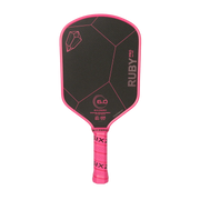 Pink and black pickleball paddle with 'Ruby Pro' branding on a white background